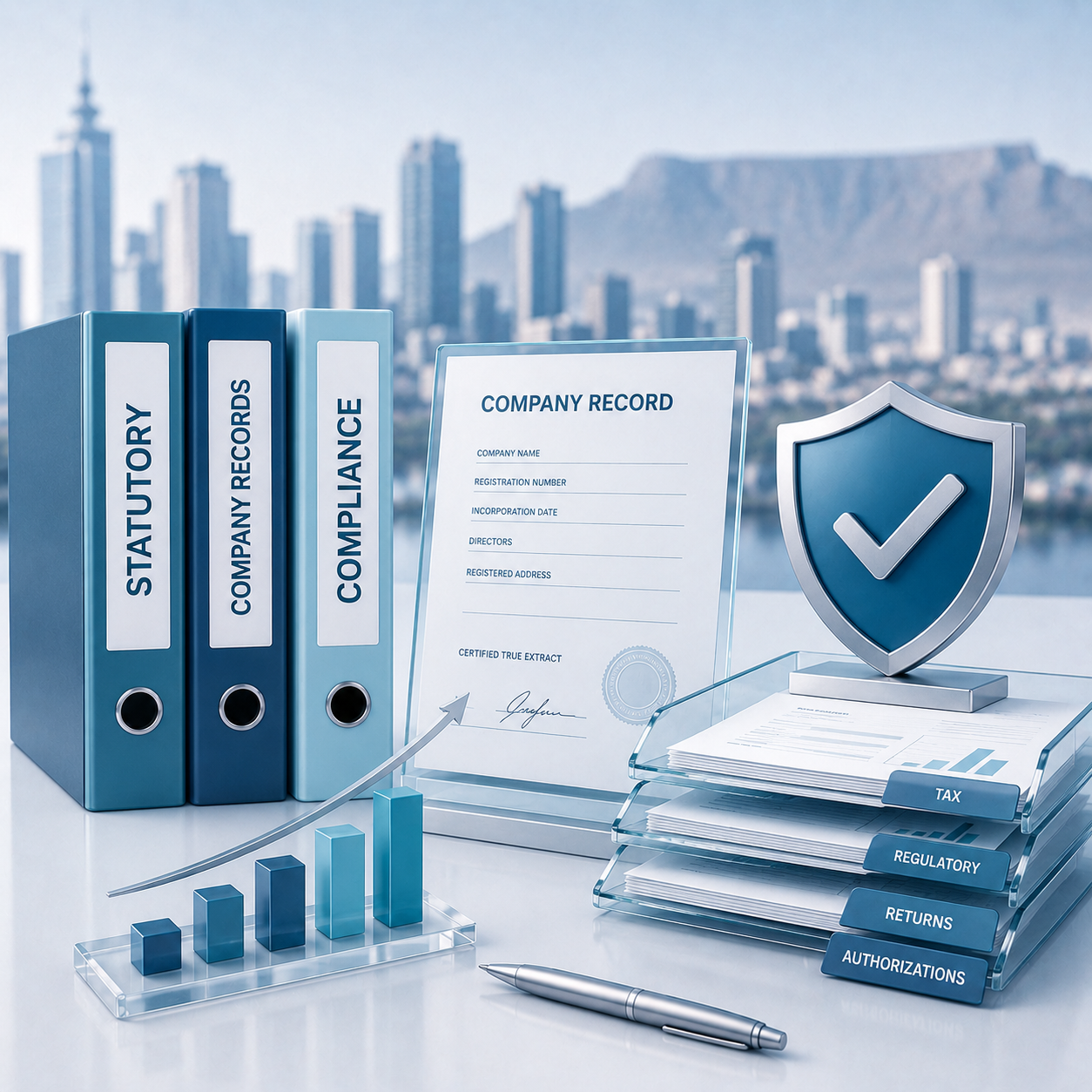 Statutory compliance records, CIPC building, Companies Act book and legal gavel